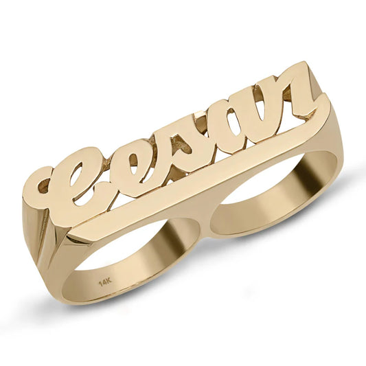 Name Two Finger Ring 14K Gold - Style 3