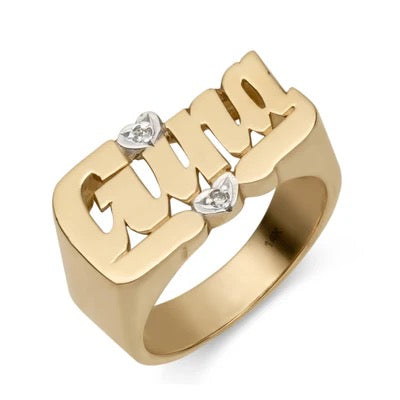 Name Ring With Diamond Hearts 14K Gold - Style 11