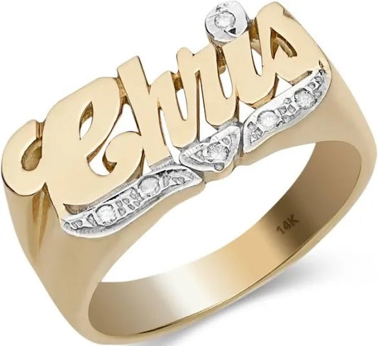 Name Ring With Diamond Heart Ribbon 14K Gold - Style 5