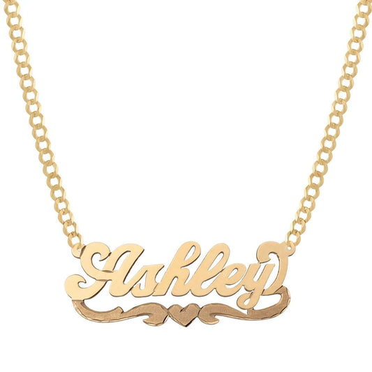 Ladies Script Name Plate Heart Ribbon Necklace 14K Gold